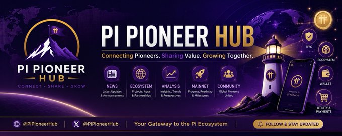 A promotional banner for 'PI PIONEER HUB' with the tagline 'Connecting Pioneers, Sharing Value, Growing Together,' displaying various ecosystem categories like News, Ecosystem, Analysis, and Mainnet, along with social media handles.