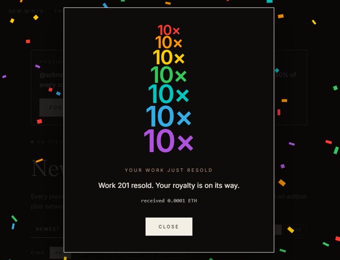 A digital interface pop-up displaying rainbow-colored "10x" text above the message "Work 201 resold. Your royalty is on its way. received 0.0001 ETH" with a "CLOSE" button.