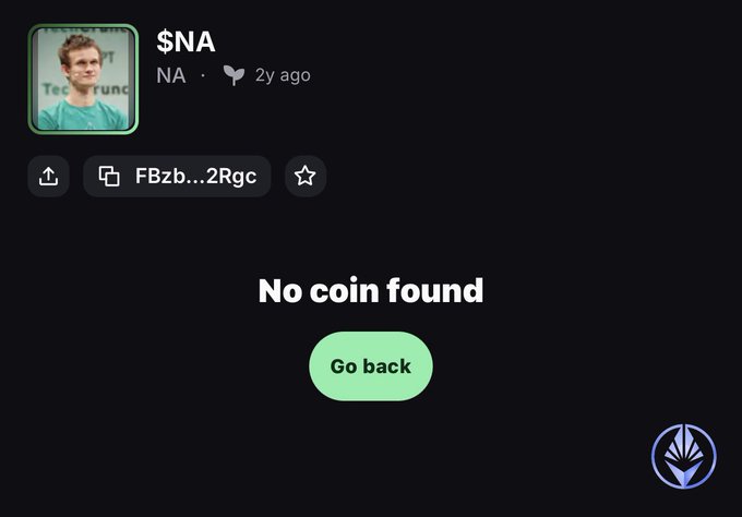 A dark-themed user profile page showing '$NA' with 'NA' location, posted 2y ago, displaying 'No coin found' with a green 'Go back' button and a FBzb...2Rgc copy link.