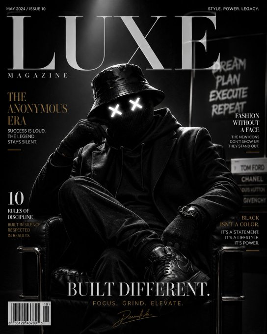 A black and white LUXE Magazine cover from May 2024 featuring a masked figure in a bucket hat with X-shaped eyes, featuring text like 'THE ANONYMOUS ERA,' 'BUILT DIFFERENT,' 'FOCUS. GRIND. ELEVATE,' and listing brands like TOM FORD, CHANEL, LOUIS VUITTON, and GIVENCHY.