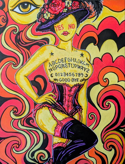 A vibrant, colorful painting of a yellow-skinned female figure wearing a large hat, with a giant eye above her; her chest displays the alphabet, numbers, the word "GOOD BYE," and "YES NO" on her face.