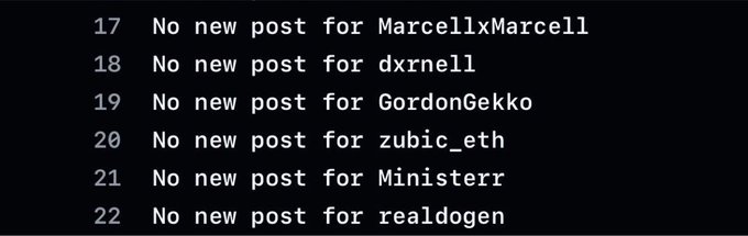 The image shows a terminal log output with lines numbered 17-22, each displaying "No new post for" followed by usernames: MarcellxMarcell, dxrnell, GordonGekko, zubic_eth, Ministerr, and realdogen. This appears to be a screenshot of the Meta123winbot's output, demonstrating the Telegram bot mentioned in the post that delivers real-time Metawin giveaway post updates.