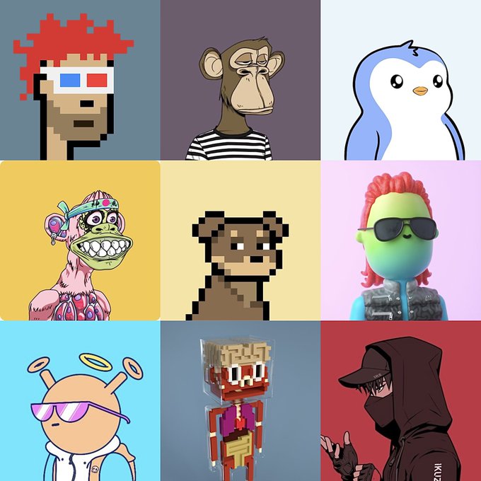 A 3x3 grid collage featuring nine distinct digital art and NFT character avatars—including pixel art, a bored monkey in a striped shirt, a cartoon penguin, a Bored Ape-style character, a 3D figure in sunglasses, an angelic character, a voxel-style figure, a hooded character labeled "IKZO," and various other stylized portraits—visually representing the diverse array of digital identities referenced in the post about NFTs as evolving digital ownership.