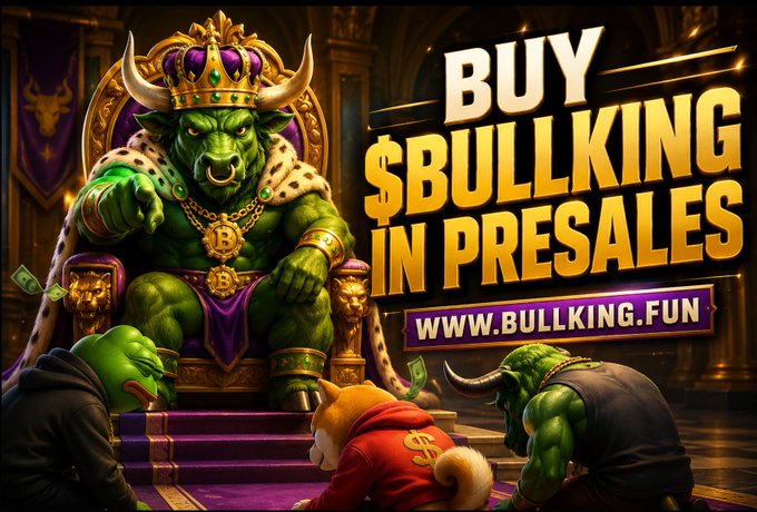A crowned green bull king sits on a golden throne pointing forward, surrounded by bowing characters, with bold text reading "BUY $BULLKING IN PRESALES — WWW.BULLKING.FUN." The regal imagery reinforces the promotional message for the limited-time $BULLKING presale and airdrop giveaway tied to the post.