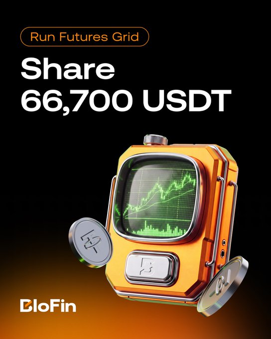 The image shows a promotional graphic for BloFin's Futures Grid campaign, featuring bold text "Share 66,700 USDT" alongside an orange retro-style device displaying a green candlestick chart, with floating USDT coins and the BloFin logo at the bottom left.