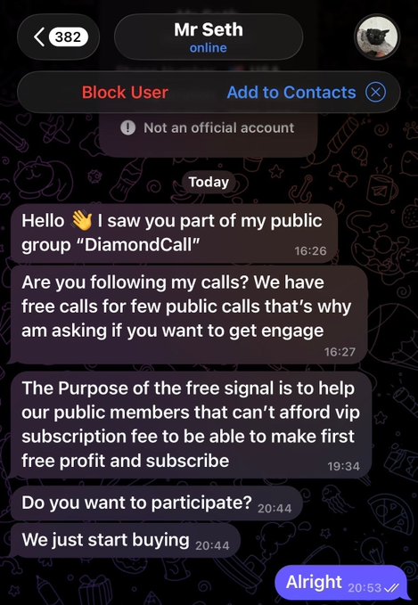 The image shows a Telegram chat with "Mr Seth" who claims to be from a trading group called "DiamondCall," offering free signals to lure the user into a VIP subscription. The conversation exemplifies how scammers initiate private messages to pitch paid trading groups, aligning with the post's warning about fraudulent trading schemes.
