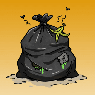A cartoon illustration of a black trash bag with green slime leaking out and flies buzzing around it, set against a yellow background.