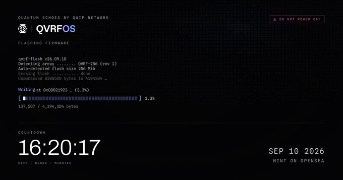 A dark interface for 'QVRF OS' flashing firmware, showing a progress bar at 3.3% and a countdown to a 'MINT ON OPENSEA' on SEP 10 2026.