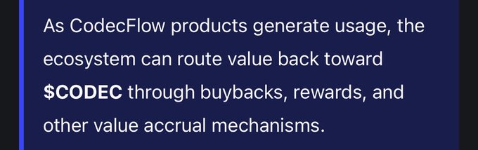 A dark blue text slide explaining that as CodecFlow products generate usage, the ecosystem routes value back to $CODEC through buybacks, rewards, and other value accrual mechanisms.