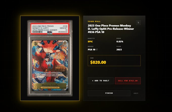 A digital marketplace listing for a '2023 One Piece Promos Monkey D. Luffy Op04 Pre-Release-Winner' trading card graded PSA 10, priced at $820.00, with rarity listed as Epic (0.82%).