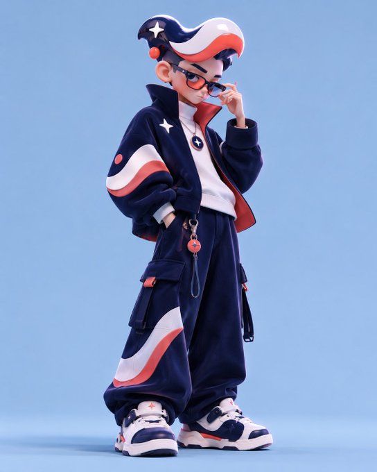 A 3D-rendered stylized cartoon character wearing sunglasses and a patriotic red, white, and blue tracksuit/jacket featuring star designs, standing against a plain light blue background.