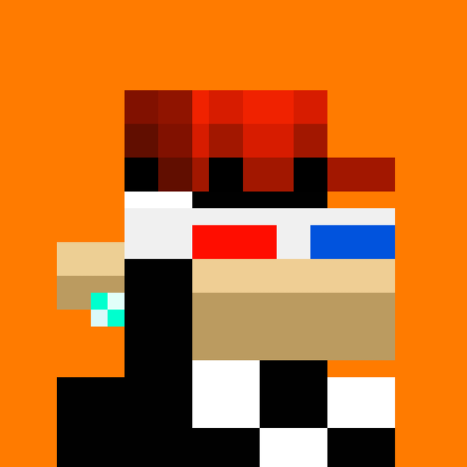 A pixel art rendition of a character resembling the Among Us crewmate but styled to look like Eric André, wearing a red plaid hat and sporting a blue tie, set against an orange background.
