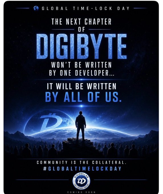 A promotional poster for 'GLOBAL TIME-LOCK DAY' featuring the DigiByte logo, the text 'THE NEXT CHAPTER OF DIGIBYTE WON'T BE WRITTEN BY ONE DEVELOPER... IT WILL BE WRITTEN BY ALL OF US.', and a silhouetted figure standing on a cliff before a crowd.