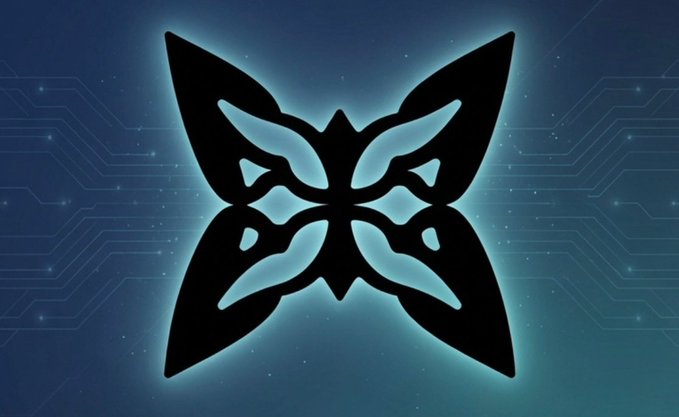 A glowing black symmetrical butterfly-like emblem with leaf-like wing patterns displayed against a dark blue digital background with circuit-like designs.