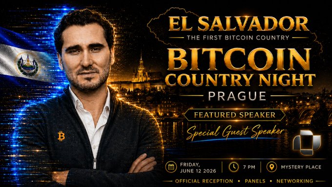 The image features a man wearing a black jacket with his arms crossed, standing against a dark background. The text on the image reads "El Salvador - Bitcoin Country Night Prague", which suggests that this event might be taking place in a city named El Salvador within the country of Czech Republic. The event is likely focused on Bitcoin and its potential impact on the local economy or society.