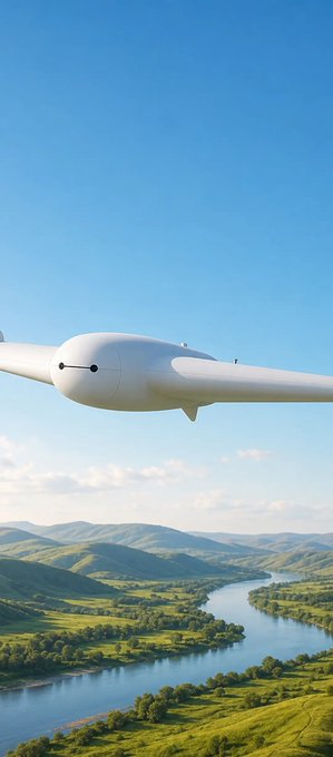 A sleek white futuristic aircraft (resembling a Baykar MIUS drone) flying over a lush green valley with a winding river, rolling hills, and a clear blue sky.