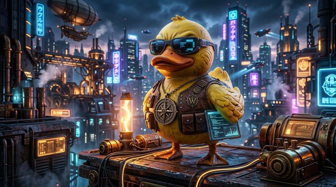 A digital art image of a yellow duck wearing sunglasses, a vest, and chains, standing in a steampunk cyberpunk cityscape with neon signs, gears, and futuristic machinery.