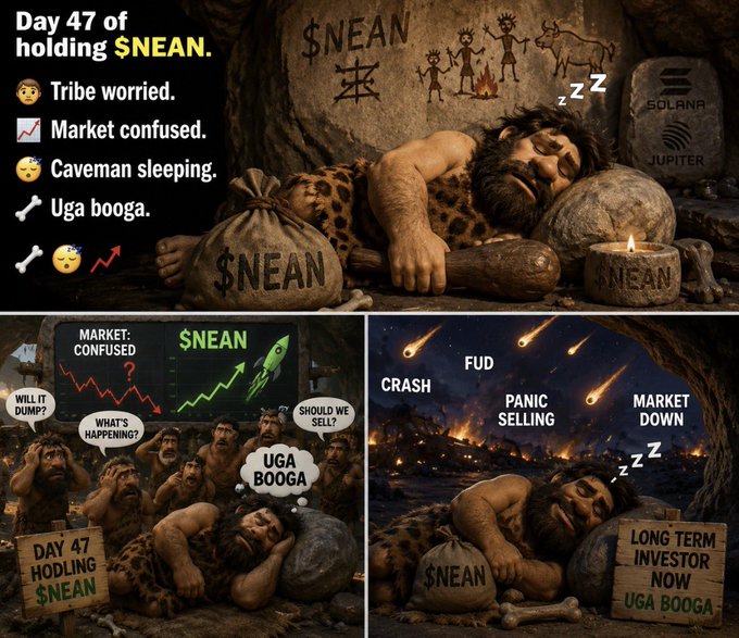 The image features a caveman depicted lying down with his eyes closed, surrounded by several other cavemen also sleeping or resting around him. The scene includes some cavemen who are awake, while others are in deep sleep or not moving at all. A sign is placed near one of the cavemen, which reads "@JUP #solana" and "@CryptoTwitter #Memecoin #JUP #DiamondHands".