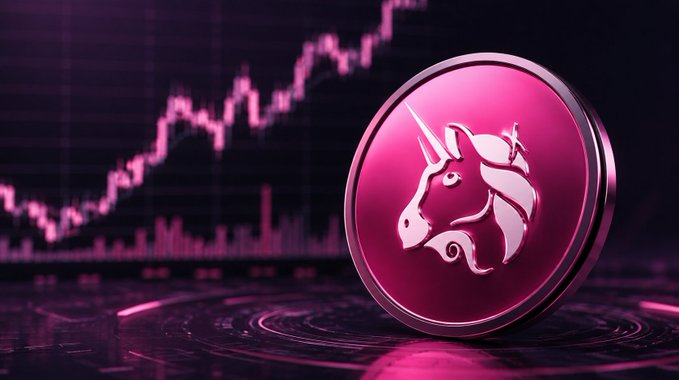 A pink unicorn-themed cryptocurrency coin sits in the foreground against a dark background featuring a candlestick chart showing an upward trend.