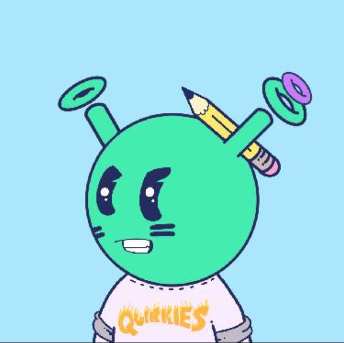 A green, round cartoon character with antennae (one resembling a pencil) and an annoyed expression wears a shirt that says 'QUIRKIES' against a light blue background.