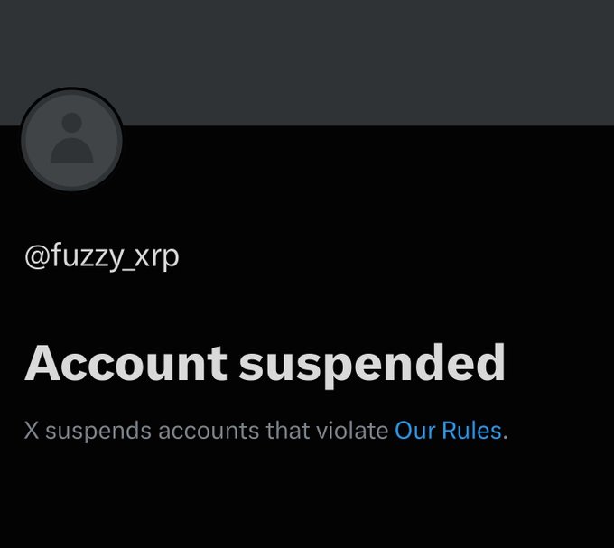 A screenshot of a suspended X (formerly Twitter) account page for user @fuzzy_xrp, displaying the message "Account suspended" with the note "X suspends accounts that violate Our Rules." The image illustrates the post's point about censorship on centralized platforms, highlighting the need for decentralized social media alternatives like the XRPL-based platform @snipverse on @XPRNetwork, which the XRP community could have built to ensure free speech without platform-imposed restrictions.