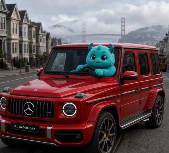 A teal furry horned creature character sits in the driver's seat of a red Mercedes-Benz G-Wagon parked on a street with the Golden Gate Bridge visible in the background.