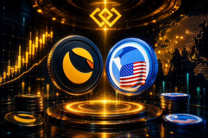A futuristic crypto graphic shows Terra Classic ($LUNC) and USTC coins above a glowing platform, with candlestick charts and a U.S.-flag-themed token. It illustrates WEEX’s pledge to burn 30% of all $LUNC trading fees—15% from Spot and 15% from Futures Pro—after listing $LUNC and $USTC on July 27, 2026.