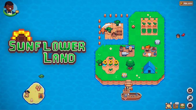 A pixel-art farming game screenshot shows an island with crops, a house, and a boat, titled 'SUNFLOWER LAND' with a currency counter showing 701,332.