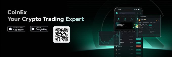 A dark promotional banner for CoinEx branded "Your Crypto Trading Expert," featuring app download badges for the App Store and Google Play alongside a QR code and a smartphone mockup showing the exchange's interface with BTC/USDT trading pairs and a candlestick chart displaying prices around 109,088.63. The image complements the post's recommendation of CoinEx as a reputable crypto exchange by visually showcasing the platform's mobile trading app that users can download to evaluate its features.