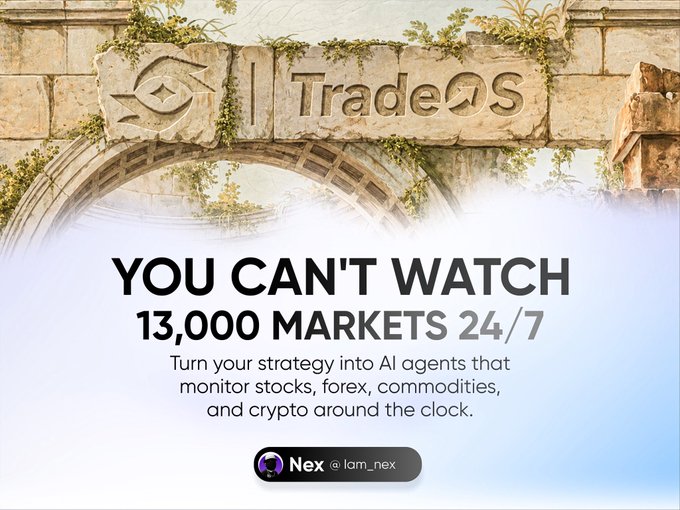 An advertisement featuring a stone archway with the "TradeOS" logo and tagline "YOU CAN'T WATCH 13,000 MARKETS 24/7," promoting AI agents that monitor stocks, forex, commodities, and crypto around the clock, with a link to @iam_nex. The image illustrates the post's point about missing market moves due to human limitations like sleep and work, positioning TradeOS's AI agents as the solution.