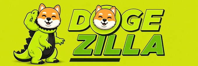 A cartoon Shiba Inu dressed in a green dinosaur costume stands confidently next to the bold green logo text "DOGEZILLA," visually reinforcing the meme coin's ticker $DOGEZILL with a playful mascot that matches the post's bullish sentiment about the token's potential.