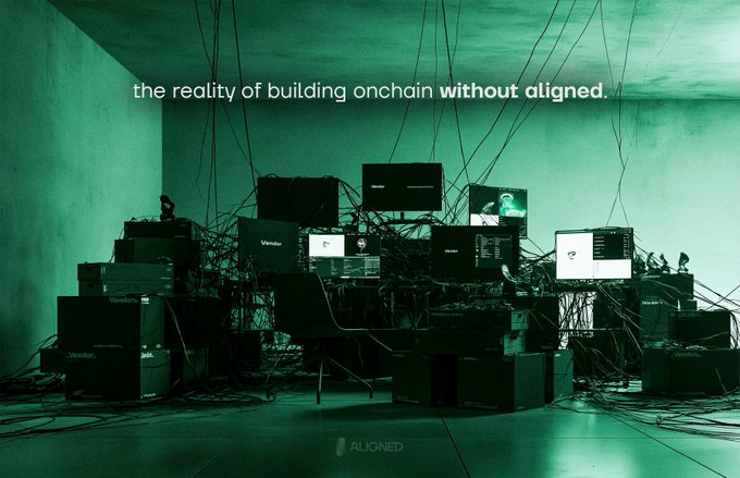 This image visually represents the complex and tangled reality of building on-chain without a unified solution, as indicated by the text "the reality of building onchain without aligned." and the scattered "Vendor" labels on various hardware components. The "ALIGN ED" logo at the bottom suggests the solution.