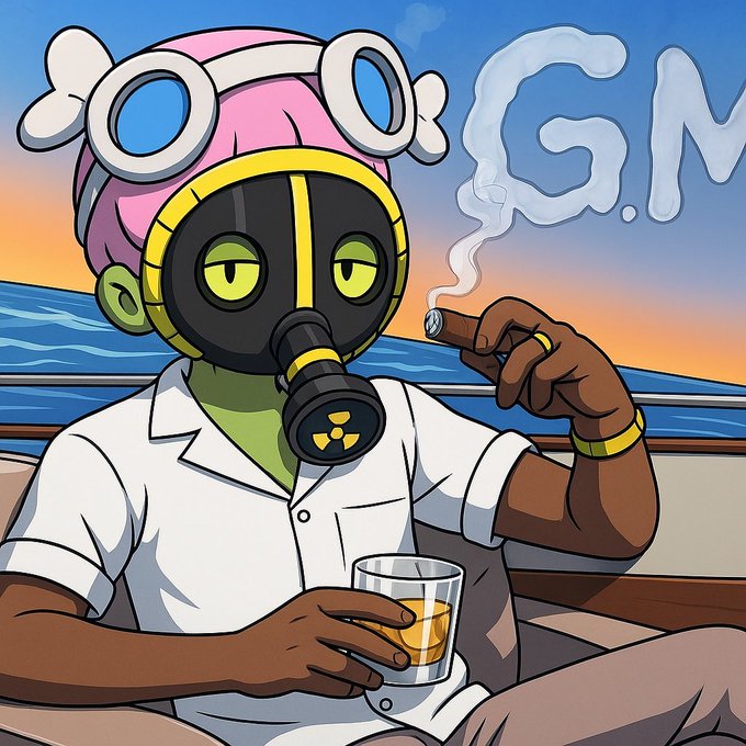 A cartoon illustration of a character wearing a gas mask and pink headgear, smoking a cigar and holding a glass of whiskey on a boat at sunset, with letters 'G.M' visible in the sky.
