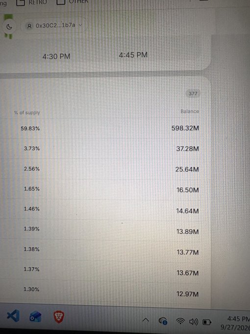 A computer screen displays a wallet tracker for the address "0x30C2...1b7a" holding the Garri token, showing it ranks #377 in supply distribution with 598.32M tokens (59.83% of supply), implying only 377 holders exist onchain—supporting the caption's call for more Garri ownership.