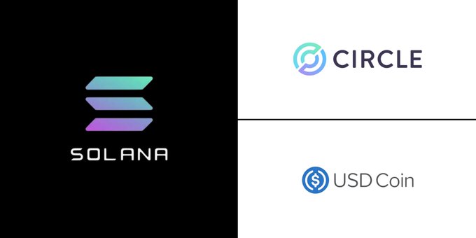 Split image displaying the Solana logo on a black background alongside Circle and USD Coin logos on white backgrounds.