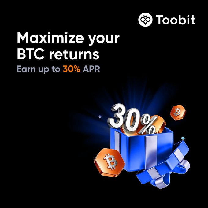 This Toobit graphic advertises maximizing BTC returns by earning up to 30% APR, visually represented by a gift box overflowing with "30%" and Bitcoin symbols. The image directly supports the post's offer of earning up to 30% APR with a Fixed Earn subscription.