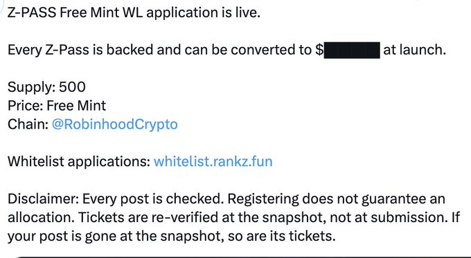 A promotional graphic announces the "Z-PASS Free Mint WL application" with 500 supply on the Robinhood Crypto chain, directing users to whitelist.rankz.fun to apply, and includes a disclaimer that registration doesn't guarantee allocation and tickets are re-verified at the snapshot. The image closely matches the accompanying post, which provides the same details about the Z-PASS mint, including supply, free mint price, Robinhood chain, and whitelist application link.