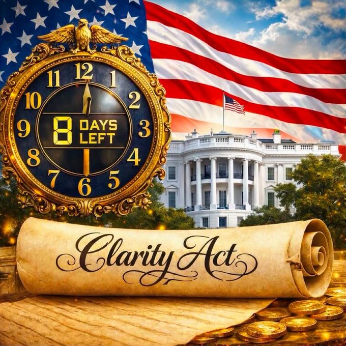 A digital graphic combining the White House and an American flag with a golden ornate clock showing '8 DAYS LEFT' and a scroll reading 'Clarity Act' surrounded by gold coins.