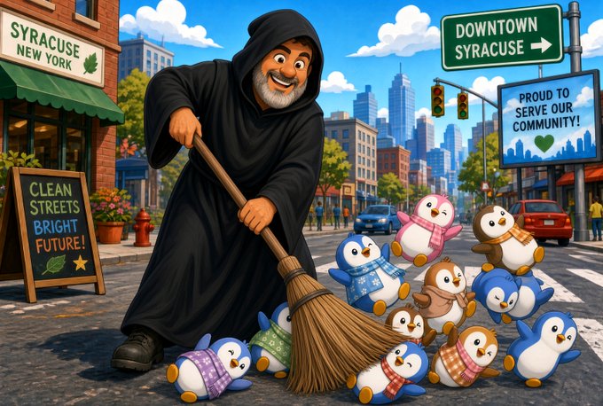 A hooded, bearded man sweeps a street in downtown Syracuse, New York, accompanied by a group of cute penguins wearing winter sweaters, with a 'Clean Streets Bright Future!' chalkboard sign nearby and a 'Proud to Serve Our Community!' billboard visible.