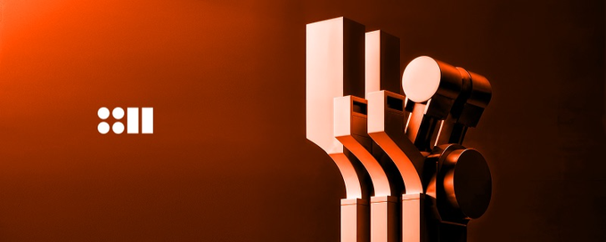 A 3D rendered geometric design in orange and dark tones with white symbols resembling '8::' or '::II' on the left side.