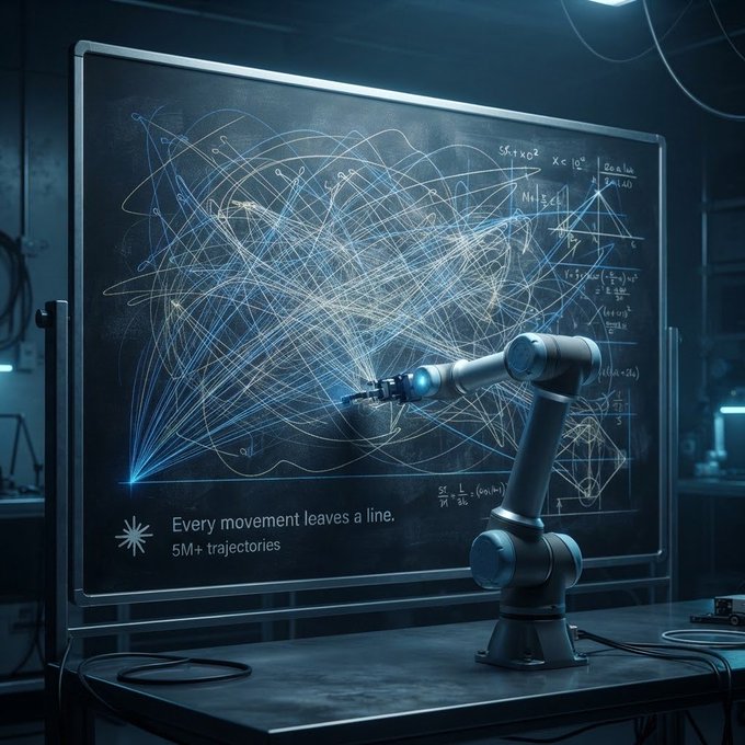 A robotic arm draws complex blue trajectories on a dark chalkboard filled with mathematical equations, accompanied by the text 'Every movement leaves a line. 5M+ trajectories' and a Snowflake logo.