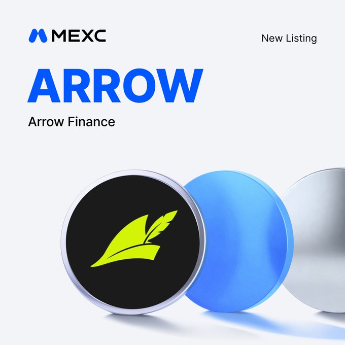 A promotional graphic for MEXC's new listing announcement featuring "ARROW" (Arrow Finance) in bold blue text, alongside the project's logo with a green feather icon on a black circular badge, accompanied by blue and silver 3D coin designs, all reinforcing the $ARROW/USDT trading pair launch announcement.