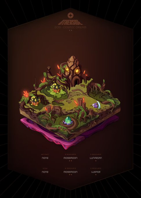 An isometric game art piece titled "Boss - Cosmic Dream" featuring a fantasy landscape with a central rock formation, crystals, and plants on a purple crystalline base.