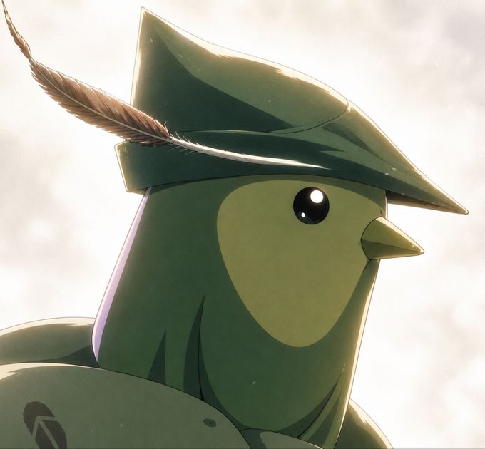 A digital illustration of a green bird character wearing a feathered hat, rendered in an anime-style aesthetic with a cloudy sky background.