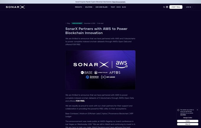 A screenshot of a SonarX blog post from December 4, 2024, headlined "SonarX Partners with AWS to Power Blockchain Innovation," featuring a graphic that displays logos of SonarX, AWS, Base, Arbitrum, Aptos, Blockchain Analysis, and XRP Ledger. The post announces that SonarX has partnered with AWS and 5 blockchains—Base, Arbitrum (Arbitrum Labs), Aptos, Provenance Blockchain, and XRP Ledger—to offer indexed on-chain datasets through AWS Open Data, visually supporting the announcement that AWS has integrated XRPL data into its Public Blockchain Datasets program.