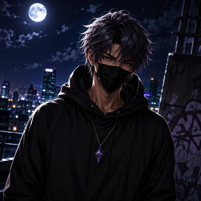 A dark-haired anime-style character wearing a black hoodie and face mask stands on a rooftop at night under a full moon, with a city skyline and a purple graffiti symbol in the background; he wears a purple crystal necklace matching the post's "keep grinding" mood of perseverance and quiet determination.