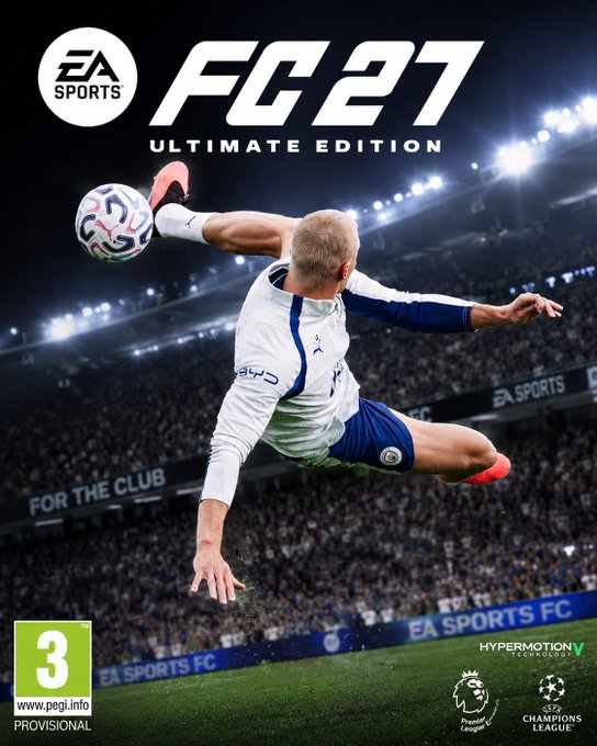 Cover art for the video game 'EA SPORTS FC 27 ULTIMATE EDITION' featuring a soccer player in a white and blue kit performing an acrobatic bicycle kick in a stadium.