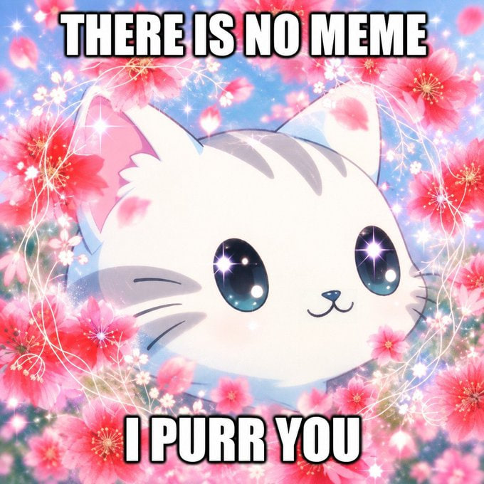 An anime-style cute white cat meme with sparkly eyes surrounded by pink cherry blossoms, with white text reading 'THERE IS NO MEME' at the top and 'I PURR YOU' at the bottom.