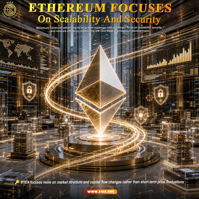 The image features a glowing golden Ethereum (ETH) logo displayed on a high-tech platform surrounded by digital security shields, data charts, and a futuristic cityscape. The text "ETHEREUM FOCUSES On Scalability And Security" appears prominently at the top, with a note from 81EX emphasizing their focus on market structure rather than short-term price fluctuations, directly illustrating Ethereum's long-term development priorities highlighted in the post.
