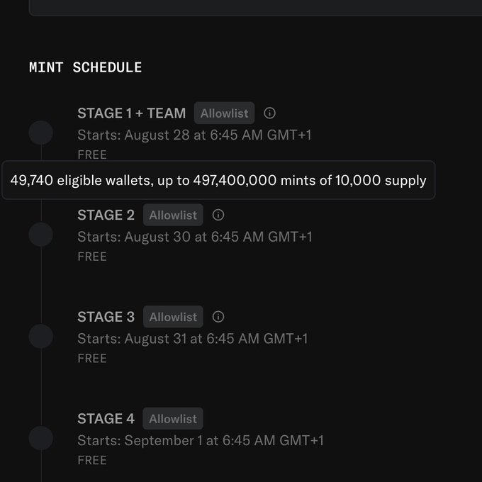 Mint schedule displaying four stages: STAGE 1 + TEAM (Aug 28), STAGE 2 (Aug 30), STAGE 3 (Aug 31), and STAGE 4 (Sep 1), all at 6:45 AM GMT+1, with 49,740 eligible wallets and up to 497,400,000 mints of 10,000 supply.